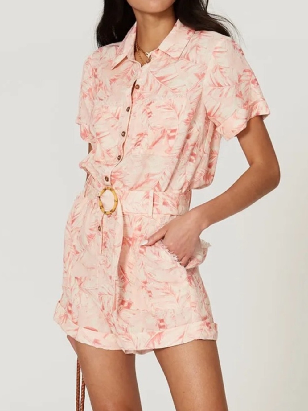 Show Me Your Mumu Bexley Romper in a pink palm print